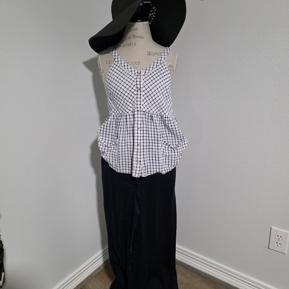 Cotton Bleu Navy And White Checkered Sleeveless Babydoll Cotton Blend Top